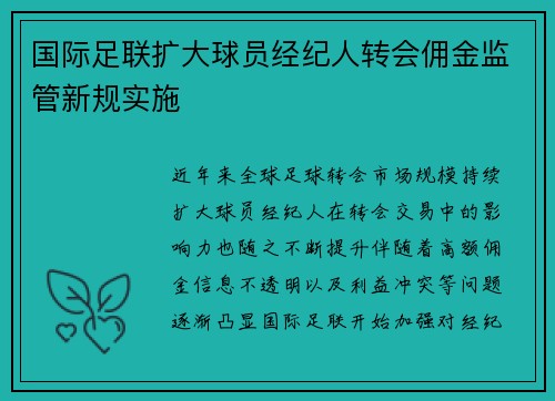 国际足联扩大球员经纪人转会佣金监管新规实施 国际足联扩大球员经纪人转会佣金监管新规实施